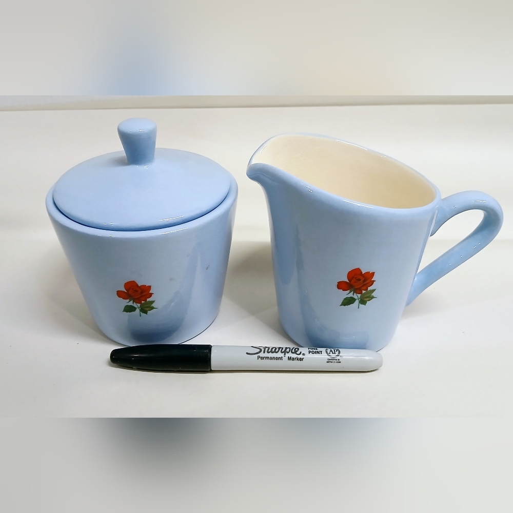 Vintage Blue Ceramic Creamer and Sugar Set with Red Floral Design